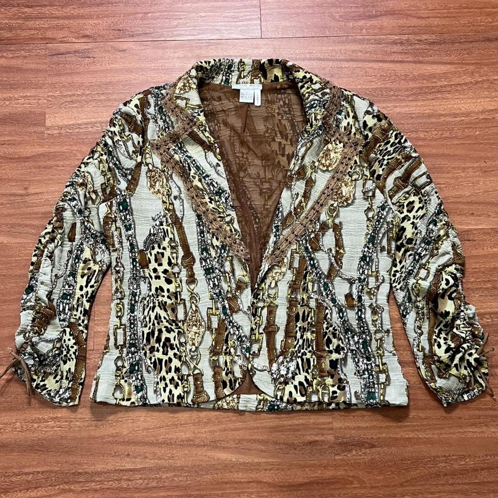 Chic Animal Print Blazer with Ruched Sleeves